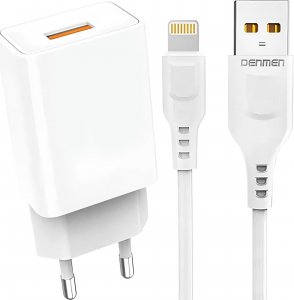 Ładowarka Denmen Ładowarka sieciowa USB + kabel USB - Lightning do iPhone 1m szybka 2.4A 12W Denmen Biała 1