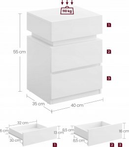Vasagle Stolik nocny z regulowaną wielokolorową taśmą LED, 3 szuflady, stolik boczny w nowoczesnym stylu, 35 x 40 x 55 cm, biały 2