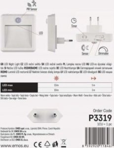 Lampka wtykowa do gniazdka Emos P3319 lampka do gniazdka wtykowa kwadrat z czujnikiem ruchu 1x0,5W LED 3000K biała 7