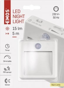 Lampka wtykowa do gniazdka Emos P3319 lampka do gniazdka wtykowa kwadrat z czujnikiem ruchu 1x0,5W LED 3000K biała 9