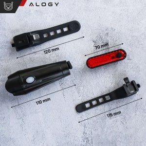 Alogy Lampka rowerowa 2w1 przód + tył wodoodporna IPX4 LED przednia tylna USB światło oświetlenie rowerowe zestaw lampek Alogy 12