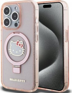 Sourcing Hello Kitty HKHMP15LHRSGEP iPhone 15 Pro 6.1" pink/pink hardcase Ring Stand Glitter Electrop Logo MagSafe 1