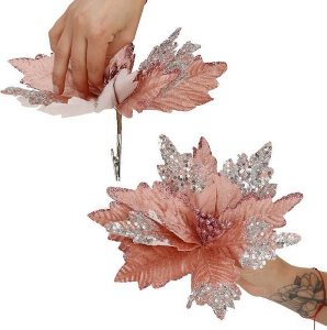 Dekoracja świąteczna Springos Gwiazda betlejemska, sztuczny kwiat na klipsie poinsecja różowa srebrne cekiny UNIWERSALNY 1