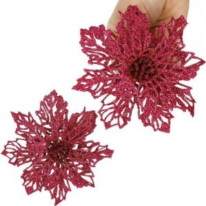 Dekoracja świąteczna Springos Gwiazda betlejemska, sztuczny kwiat poinsecja 13 cm różowa z brokatem UNIWERSALNY 1