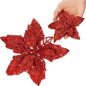 Dekoracja świąteczna Springos Gwiazda betlejemska, sztuczny kwiat poinsecja 13 cm czerwony z brokatem UNIWERSALNY 1