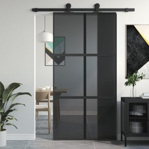 vidaXL Drzwi przesuwne, czarne, 102,5x205cm, szkło hartowane aluminium Lumarko! 1