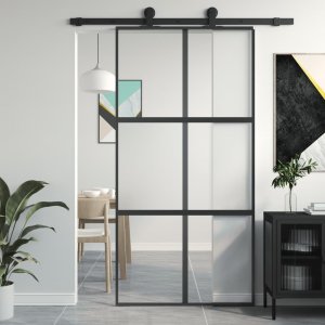 vidaXL Drzwi przesuwne, czarne, 102,5x205cm, szkło hartowane aluminium Lumarko! 1