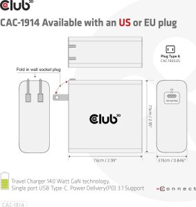 Zasilacz do laptopa Club 3D Club3D Ladegerät   1xUSB Typ C               PD 140W, GaN retail 12