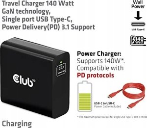 Zasilacz do laptopa Club 3D Club3D Ladegerät   1xUSB Typ C               PD 140W, GaN retail 3