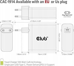 Zasilacz do laptopa Club 3D Club3D Ladegerät   1xUSB Typ C               PD 140W, GaN retail 5