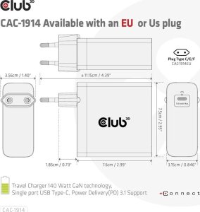 Zasilacz do laptopa Club 3D Club3D Ladegerät   1xUSB Typ C               PD 140W, GaN retail 10