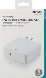 Zasilacz do laptopa Deltaco DELTACO 87W USB-C maitinimo šaltinis, greitas įkrovimas, USB-C PD, baltas / USBC-AC117 3
