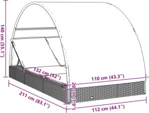 vidaXL 2-os. leżak z półokrągłym daszkiem, czarny, 211x112x140 cm 12