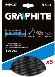 Graphite Siatka ścierna do gipsu na rzep 180 mm, K120, 5szt do szlifierki 59G263 7
