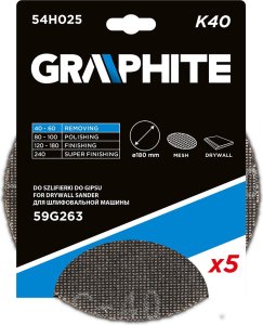 Graphite Siatka ścierna do gipsu na rzep 180 mm, K40, 5szt do szlifierki 59G263 7