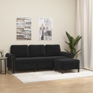 vidaXL 3-osobowa sofa z podnóżkiem, czarna, 180 cm, aksamit 1