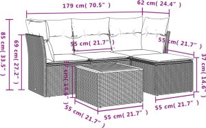 vidaXL 5-cz. zestaw wypoczynkowy do ogrodu, poduszki, szary rattan PE 3
