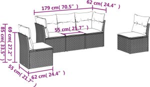 vidaXL 5-cz. zestaw wypoczynkowy do ogrodu, poduszki, czarny rattan PE 3