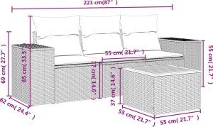 vidaXL 4-cz. zestaw wypoczynkowy do ogrodu, poduszki, szary, rattan PE 3