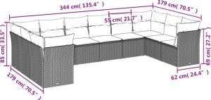vidaXL 10-cz. zestaw wypoczynkowy do ogrodu, poduszki czarny rattan PE 3