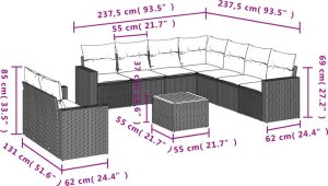 vidaXL 10-cz. zestaw wypoczynkowy do ogrodu, poduszki czarny rattan PE 3