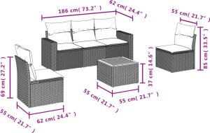 vidaXL 6-cz. zestaw mebli ogrodowych z poduszkami, czarny polirattan 3