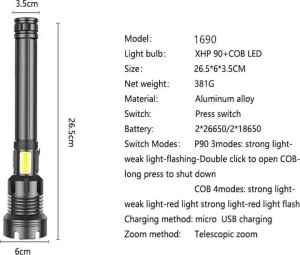 Latarka Tech-Led Supermocna latarka taktyczna 40w 5000lm XHP90 zoom USB 7 trybów pracy Supermocna latarka taktyczna 40w 5000lm XHP90 zoom USB 7 trybów pracy 9