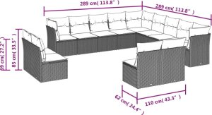 vidaXL 13-cz. zestaw mebli do ogrodu, poduszki, czarny, rattan PE 6