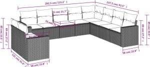 vidaXL 10-cz. zestaw wypoczynkowy do ogrodu, poduszki czarny rattan PE 3