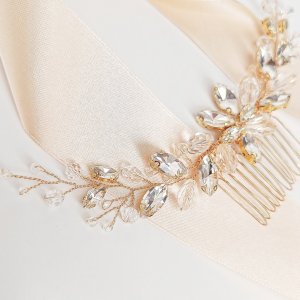 KOKONET Grzebyk złoty do włosów z kryształkami cyrkoniami elegancki elastyczny szeroki 2