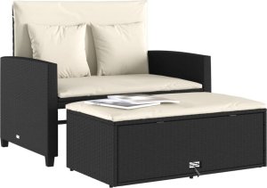 vidaXL Sofa ogrodowa z poduszkami, 2-osobowa, czarna, polirattan 4