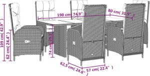 vidaXL 7-cz. zestaw mebli ogrodowych z poduszkami, czarny, polirattan 7