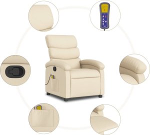 vidaXL Rozkładany fotel masujący, kremowy, obity tkaniną 7