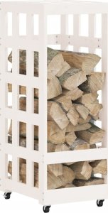 vidaXL Stojak na drewno, z kółkami, biały, 40x49x110cm, drewno sosnowe 3