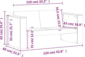 vidaXL Sofa ogrodowa, 2-osobowa, woskowy brąz, 134x60x62 cm, sosnowa 9