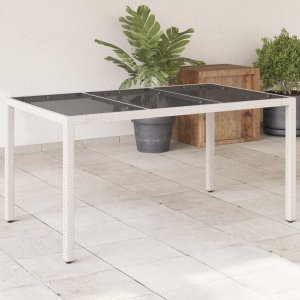 vidaXL Stół ogrodowy ze szklanym blatem, biały, 150x90x75 cm rattan PE 1