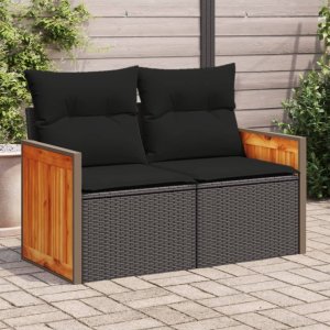 vidaXL Sofa ogrodowa z poduszkami, 2-osobowa, czarna, polirattan 1