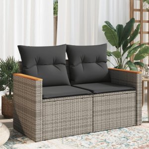 vidaXL Sofa ogrodowa z poduszkami, 2-osobowa, szara, polirattan 1