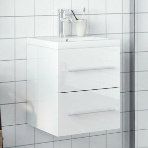 vidaXL Szafka łazienkowa z wbudowaną umywalką, wysoki połysk, biała 1