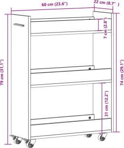 vidaXL Szafka na kółkach, biała, 60x22x79 cm, materiał drewnopochodny 9