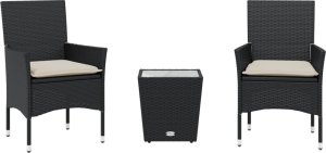 vidaXL 3-cz. zestaw bistro z poduszkami, czarny, polirattan i szkło 2
