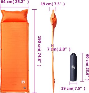 vidaXL Materac samopompujący z poduszką, 1-osobowy, pomarańczowy 5