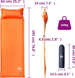 vidaXL Materac samopompujący z poduszką, 1-osobowy, pomarańczowy 6