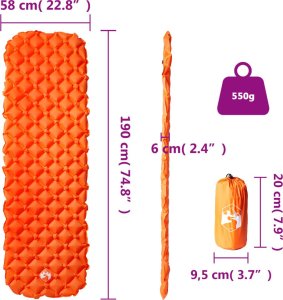 vidaXL Dmuchany materac turystyczny, 1-os., pomarańczowy, 190x58x6 cm 6