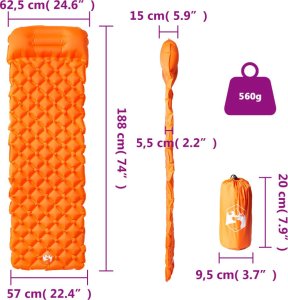 vidaXL Materac kempingowy z poduszką, 1-osobowy, pomarańczowy 6