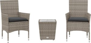 vidaXL 3-cz. zestaw bistro z poduszkami, szary, polirattan i szkło 2