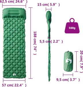 vidaXL Materac kempingowy z poduszką, 1-osobowy, zielony 6