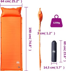 vidaXL Materac samopompujący z poduszką, 1-osobowy, pomarańczowy 6