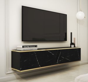 Meble Lindner Wisząca Szafka RTV Marmur Black Mat Komoda Glamour 135 cm 1