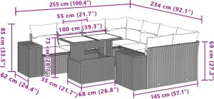 vidaXL 9-cz. zestaw mebli ogrodowych z poduszkami, szary, polirattan 10